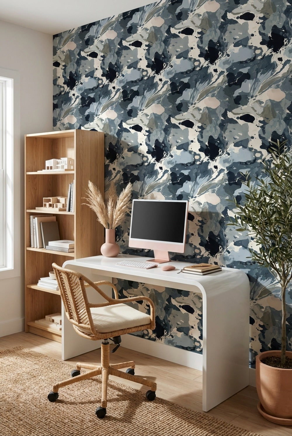 Soyut Mermer Desenli Duvar Kağıdı Mavi Gri Modern Salon