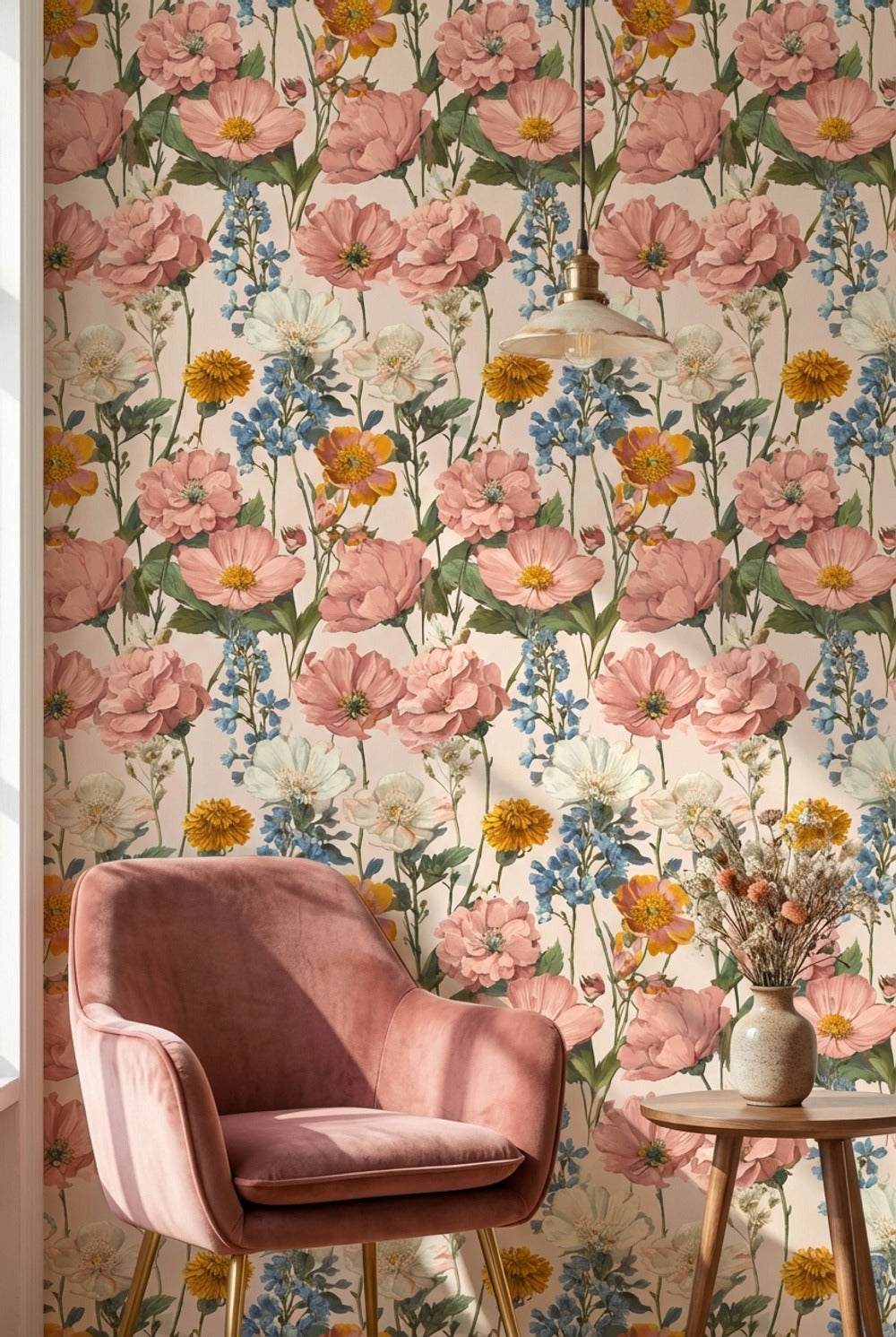 Pastel Çiçekli Duvar Kağıdı Pembe Krem Salon Yemek Odası