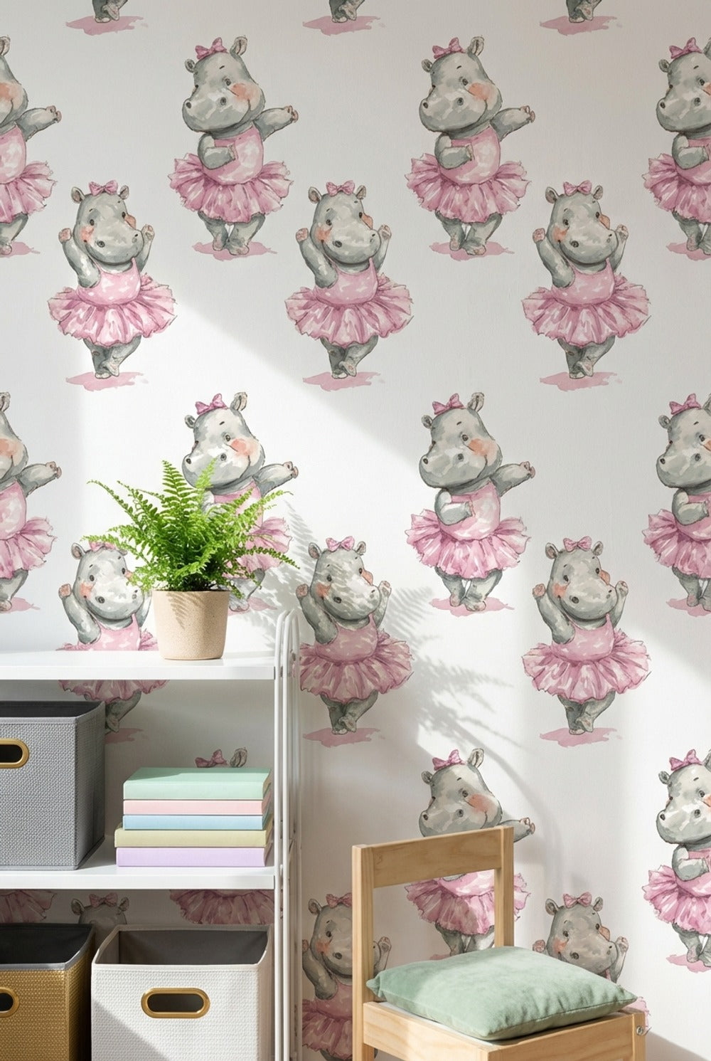 Balerin Su Aygırı Duvar Kağıdı Pembe Çocuk Odası Desenli