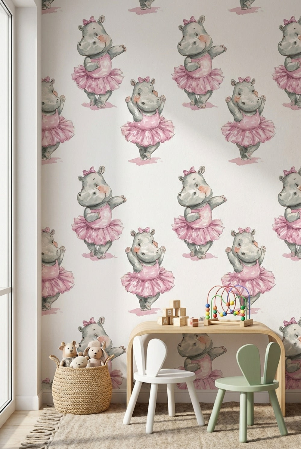 Balerin Su Aygırı Duvar Kağıdı Pembe Çocuk Odası Desenli