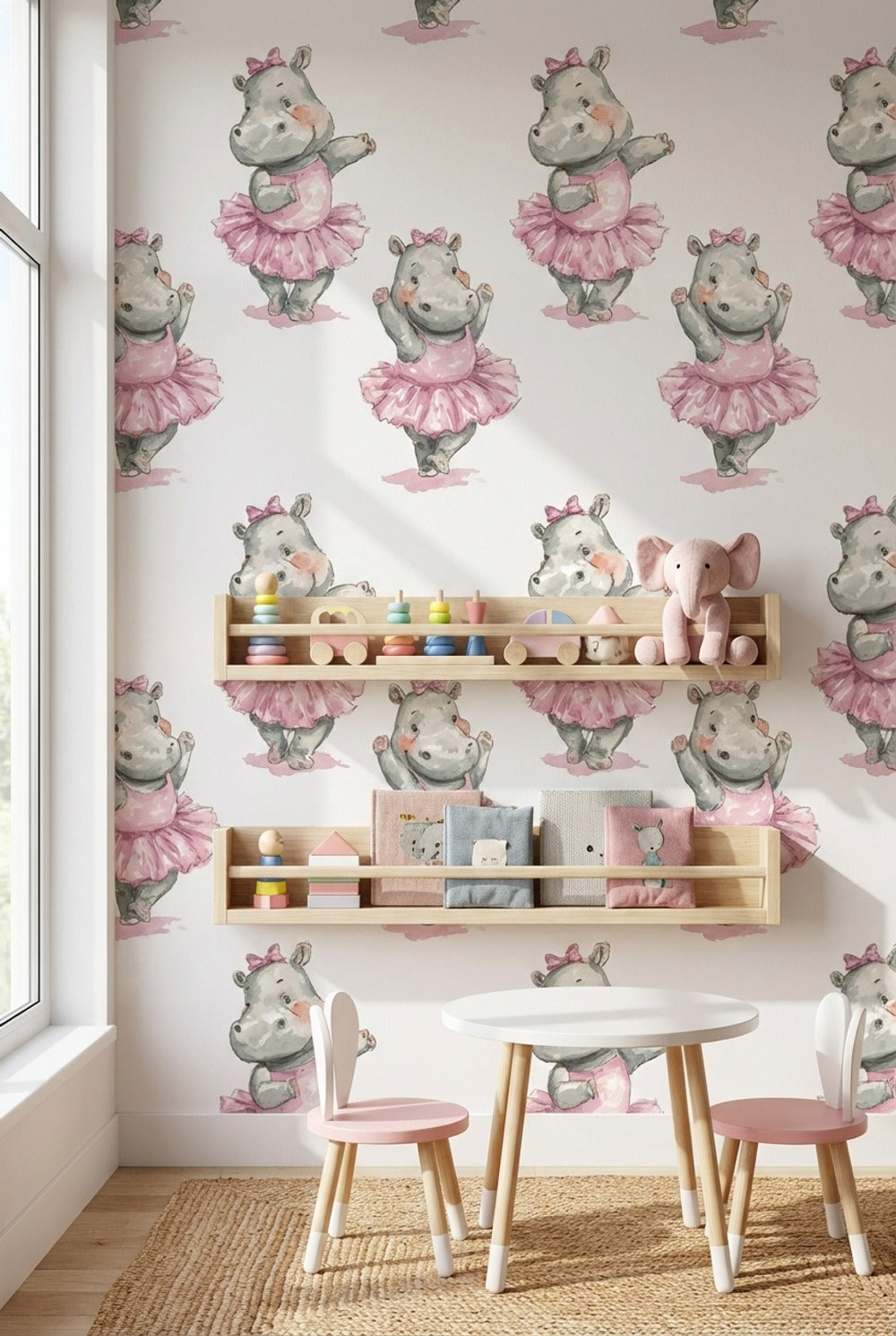 Balerin Su Aygırı Duvar Kağıdı Pembe Çocuk Odası Desenli