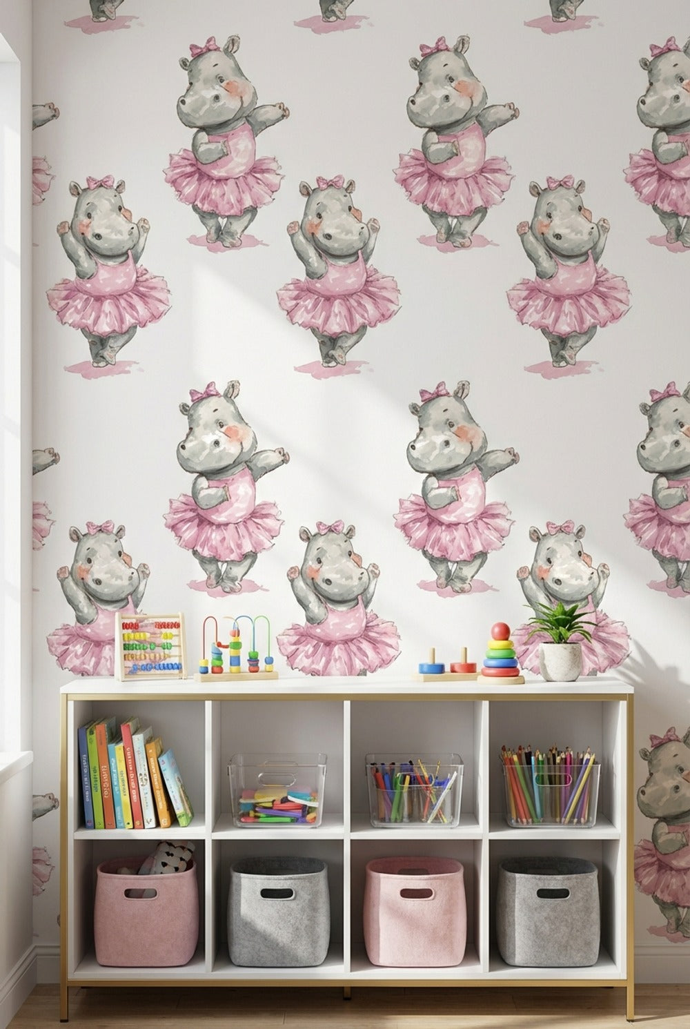 Balerin Su Aygırı Duvar Kağıdı Pembe Çocuk Odası Desenli