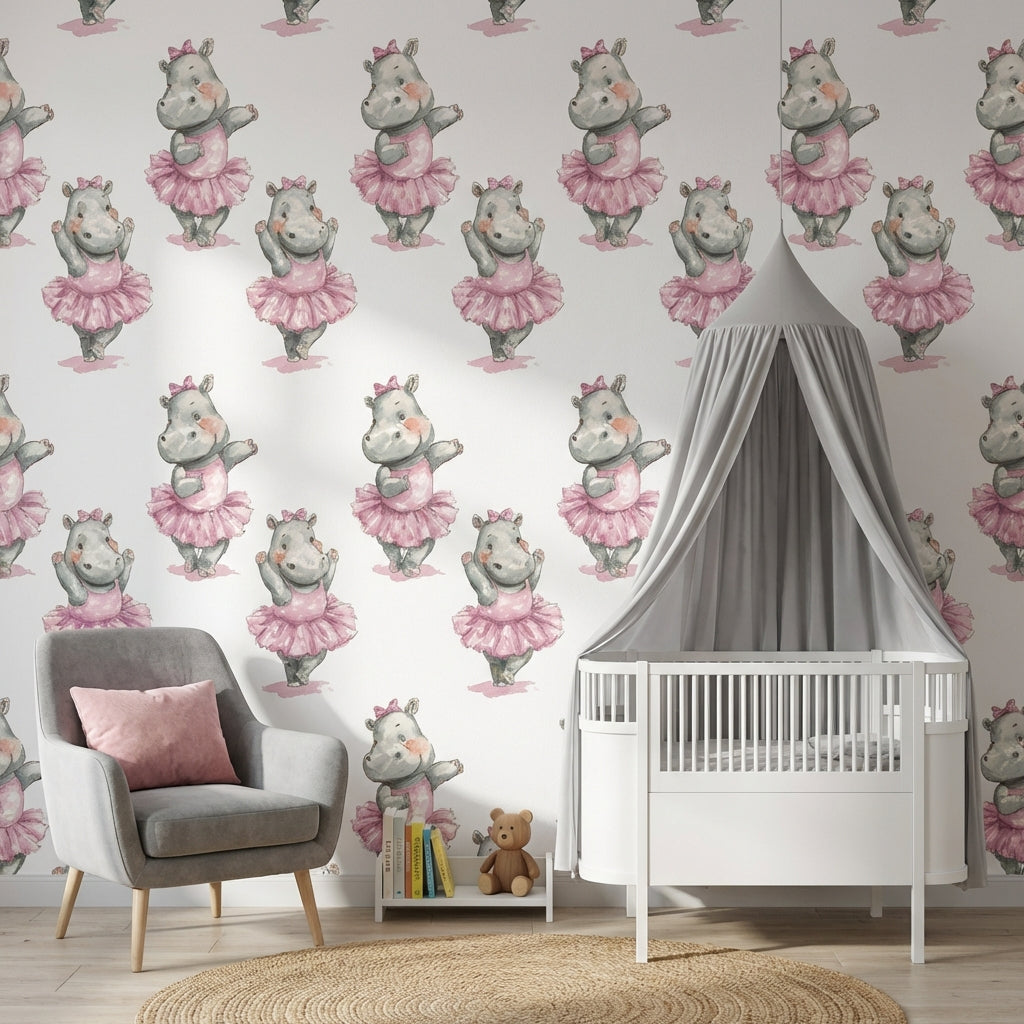 Balerin Su Aygırı Duvar Kağıdı Pembe Çocuk Odası Desenli