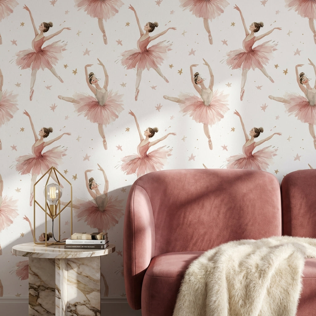 Pembe Balerinli Duvar Kağıdı Yıldız Desenli Çocuk Odası