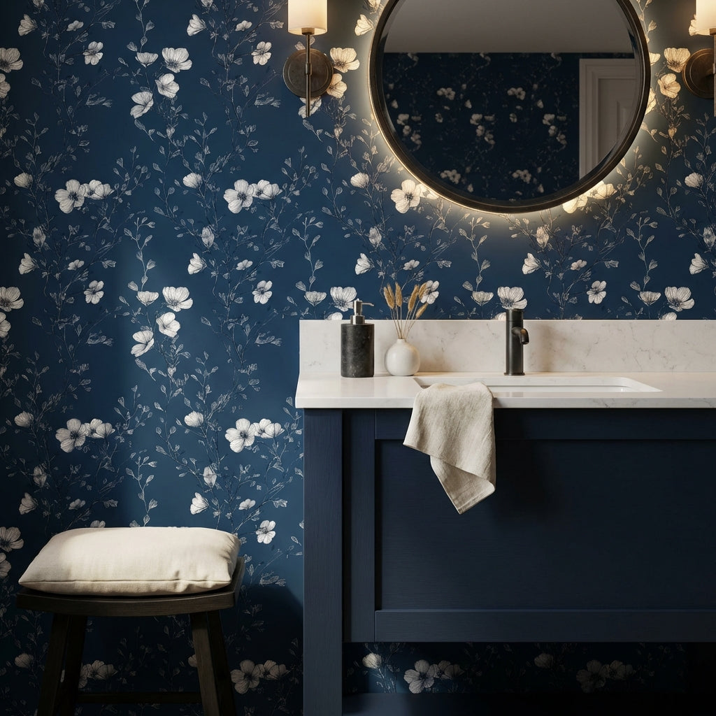 Lacivert Çiçek Desenli Duvar Kağıdı Beyaz Çiçekli Banyo