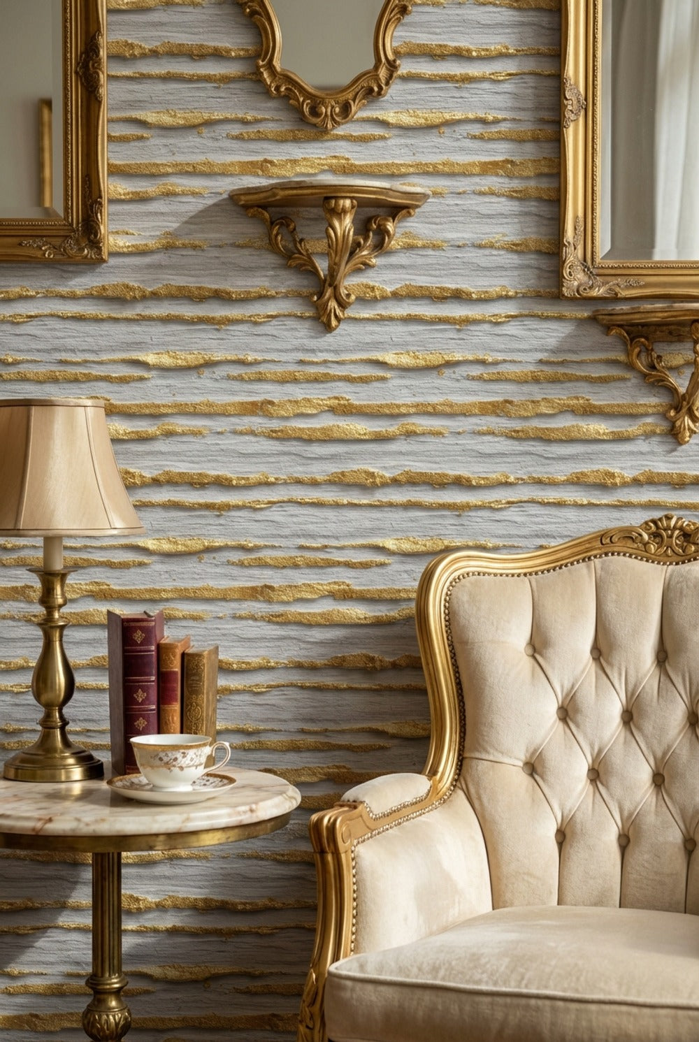 Altın Çizgili Taş Görünümlü Duvar Kağıdı Gri Modern Salon