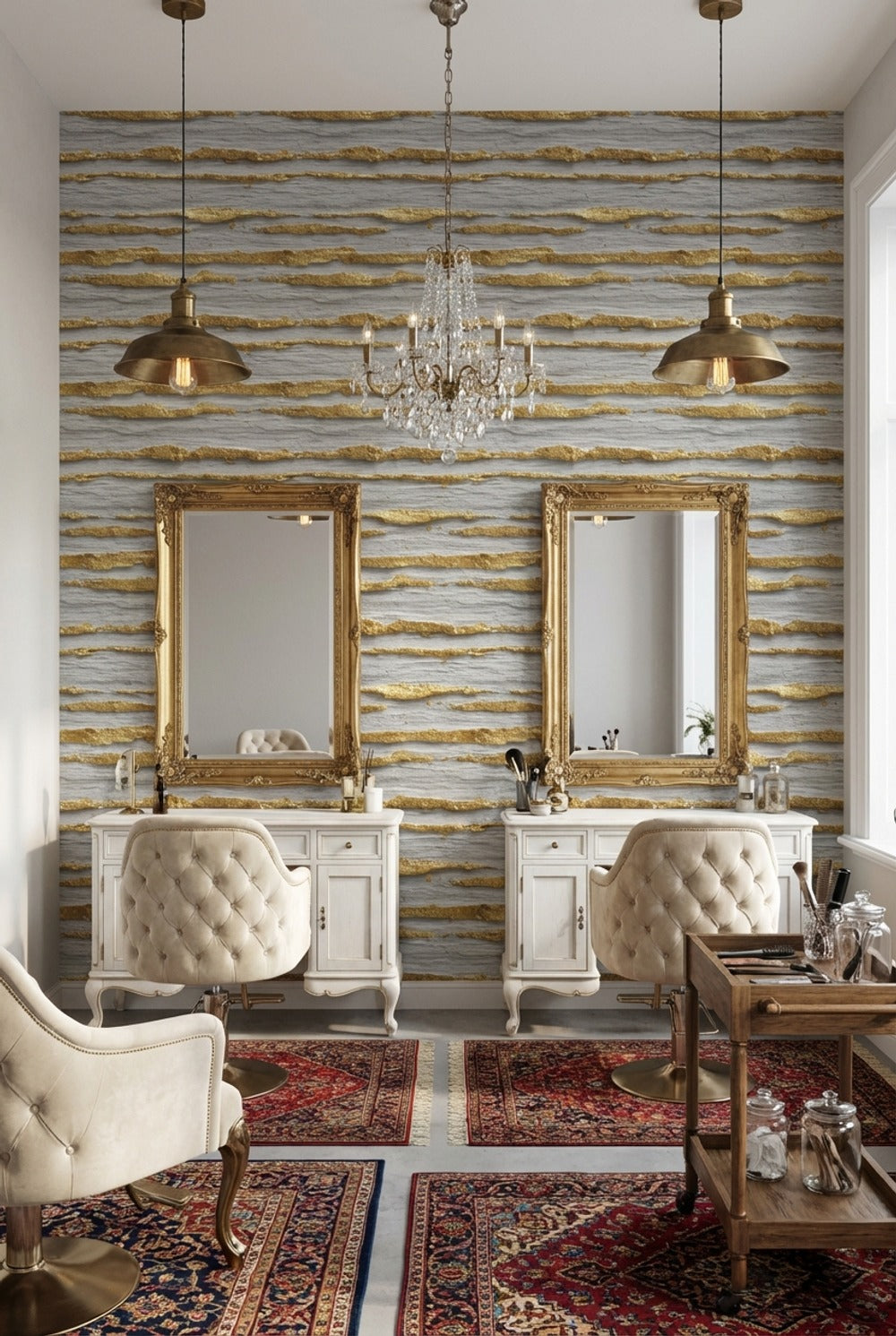Altın Çizgili Taş Görünümlü Duvar Kağıdı Gri Modern Salon