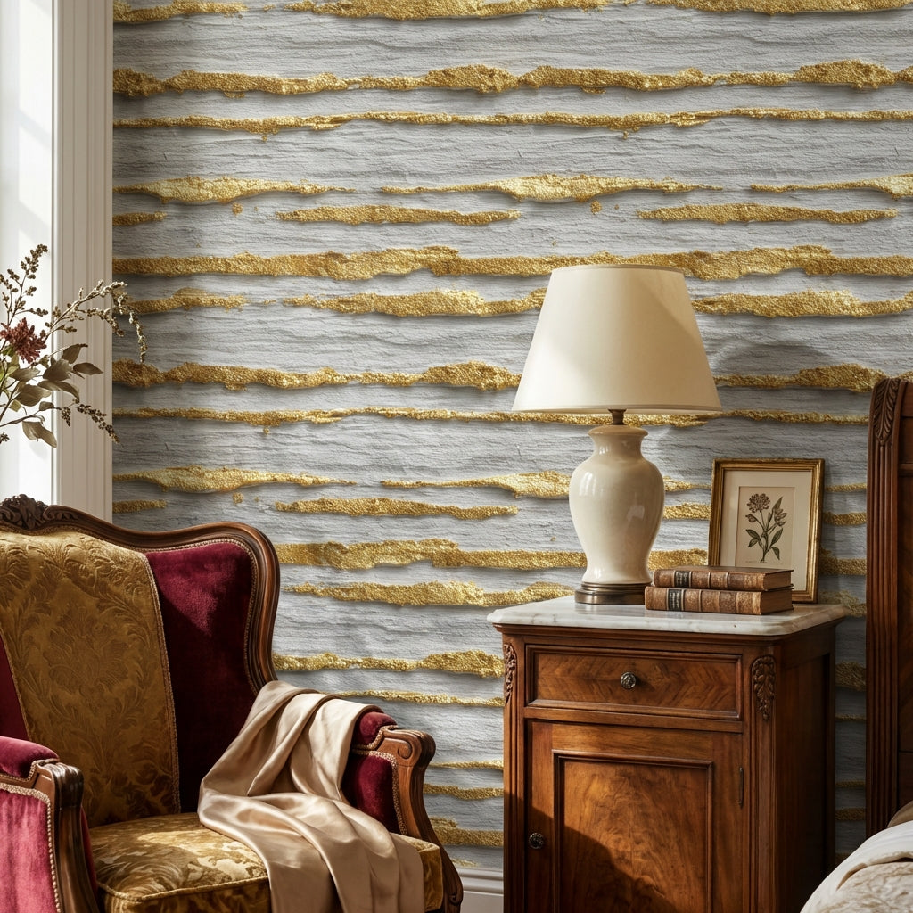 Altın Çizgili Taş Görünümlü Duvar Kağıdı Gri Modern Salon