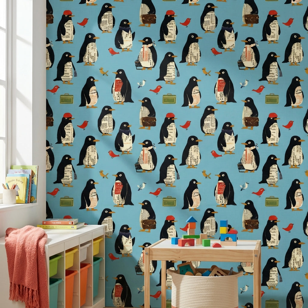 Penguen Desenli Duvar Kağıdı Mavi Çocuk Odası Duvar Dekoru