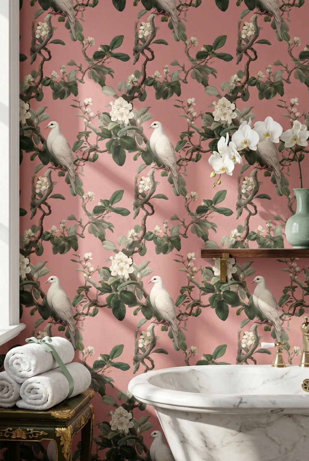 Kuşlu Çiçekli Duvar Kağıdı Pudra Pembe Klasik Salon