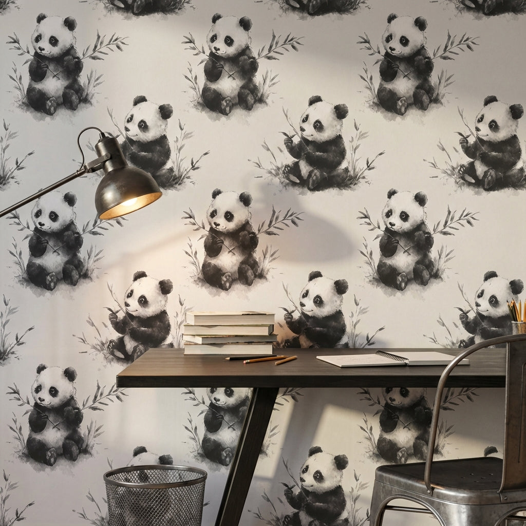 Panda Desenli Duvar Kağıdı Gri Tonlu Çocuk Odası