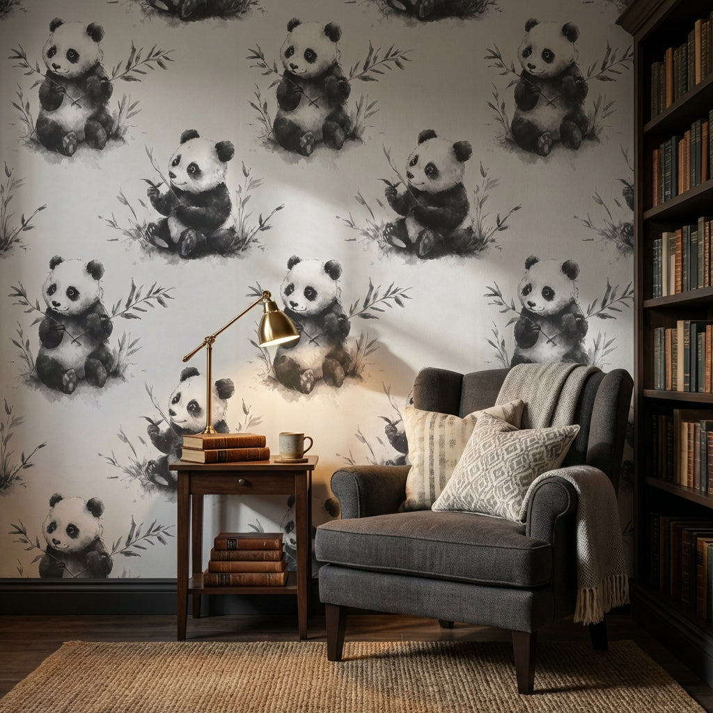 Panda Desenli Duvar Kağıdı Gri Tonlu Çocuk Odası