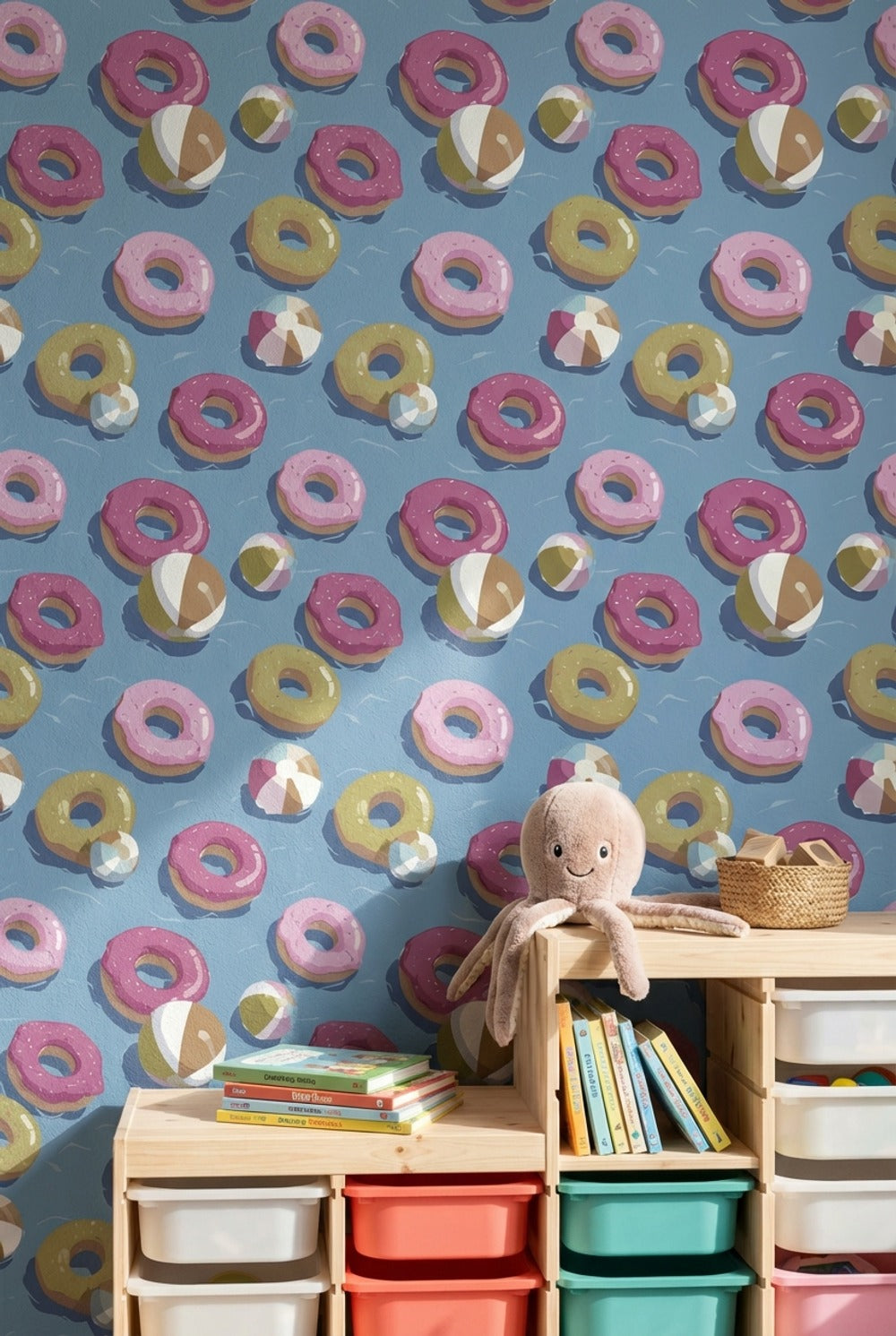 Donut Desenli Duvar Kağıdı Mavi Zemin Çocuk Odası