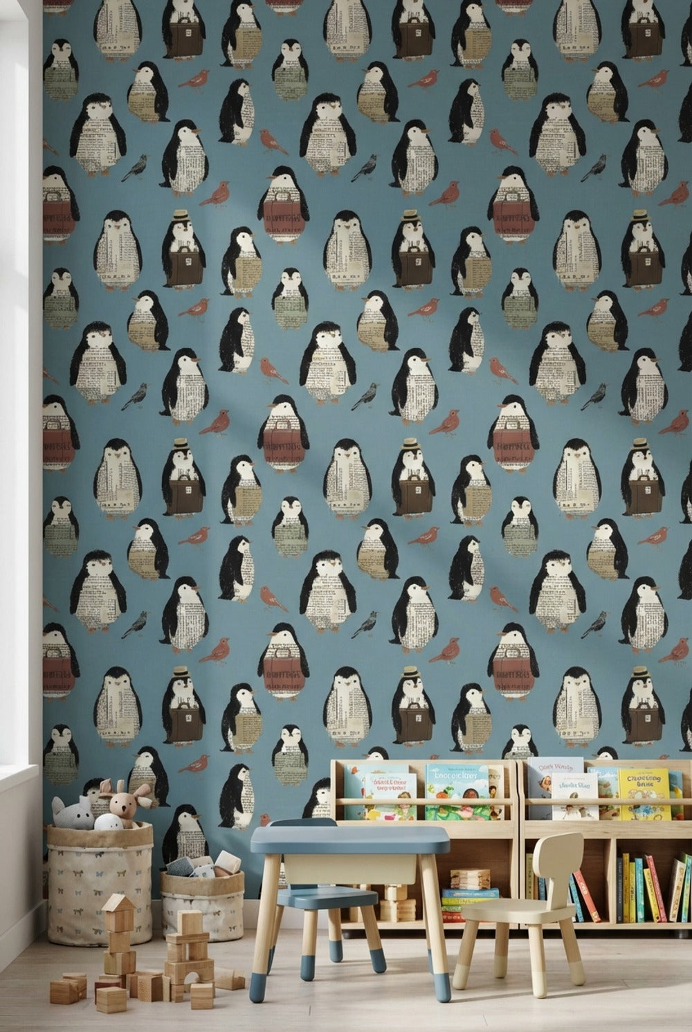 Penguen Desenli Duvar Kağıdı Mavi Çocuk Odası Duvar Dekoru