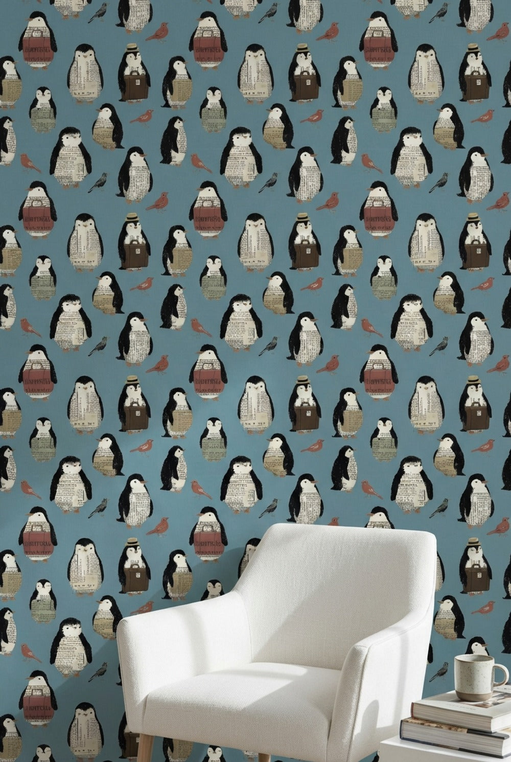 Penguen Desenli Duvar Kağıdı Mavi Çocuk Odası Duvar Dekoru