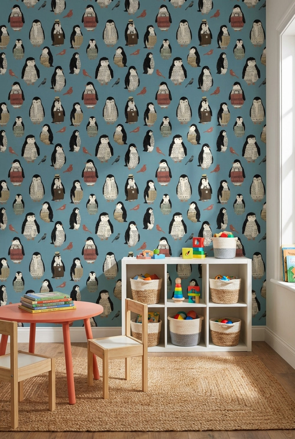 Penguen Desenli Duvar Kağıdı Mavi Çocuk Odası Duvar Dekoru