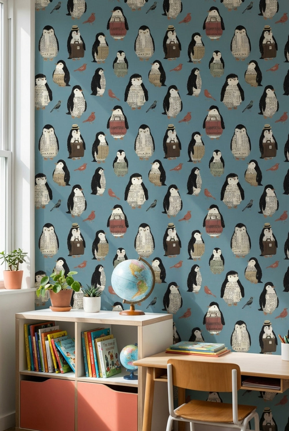Penguen Desenli Duvar Kağıdı Mavi Çocuk Odası Duvar Dekoru