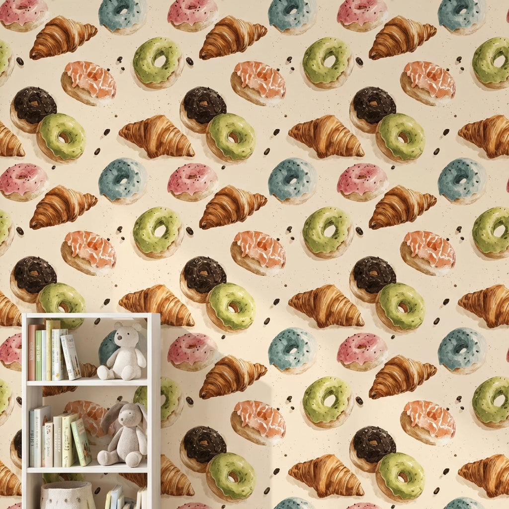 Donut ve Kruvasan Desenli Duvar Kağıdı Renkli Mutfak