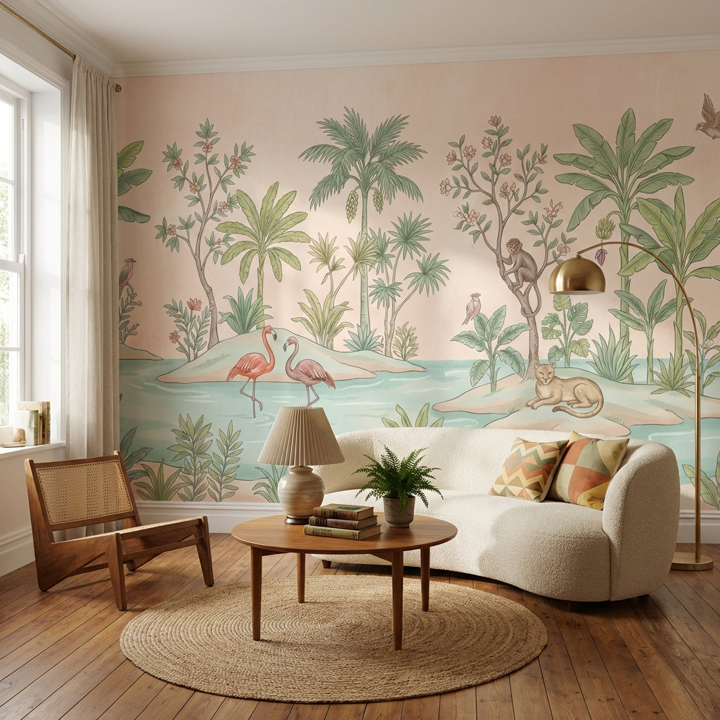 Tropikal Orman İllüstrasyonlu Poster Duvar Kağıdı Pastel Salon