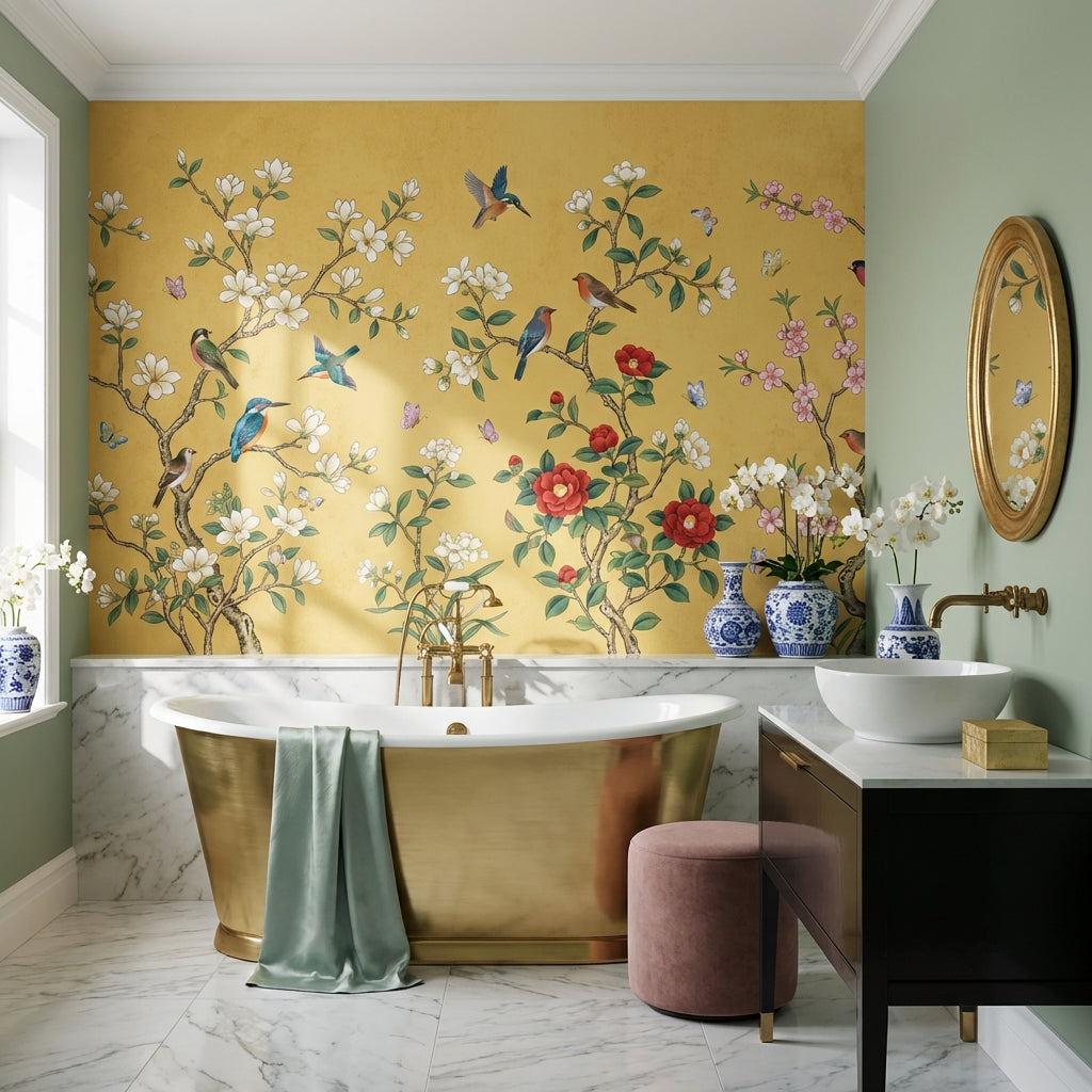 Kuşlu Çiçek Dallı Poster Duvar Kağıdı Sarı Salon