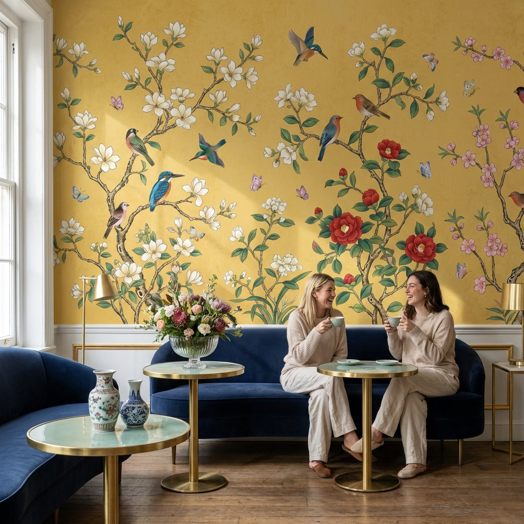 Kuşlu Çiçek Dallı Poster Duvar Kağıdı Sarı Salon