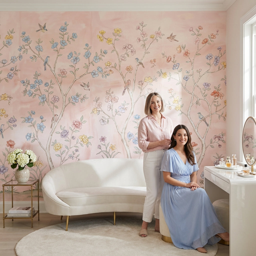 Pastel Çiçekli Dallı Poster Duvar Kağıdı Pudra Pembe Salon