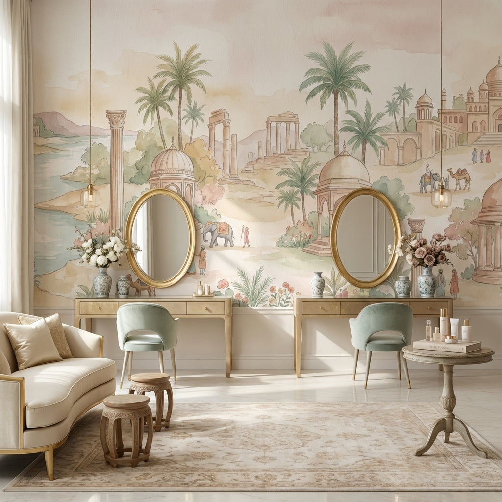 Oryantal Manzara Poster Duvar Kağıdı Bej Yeşil Salon