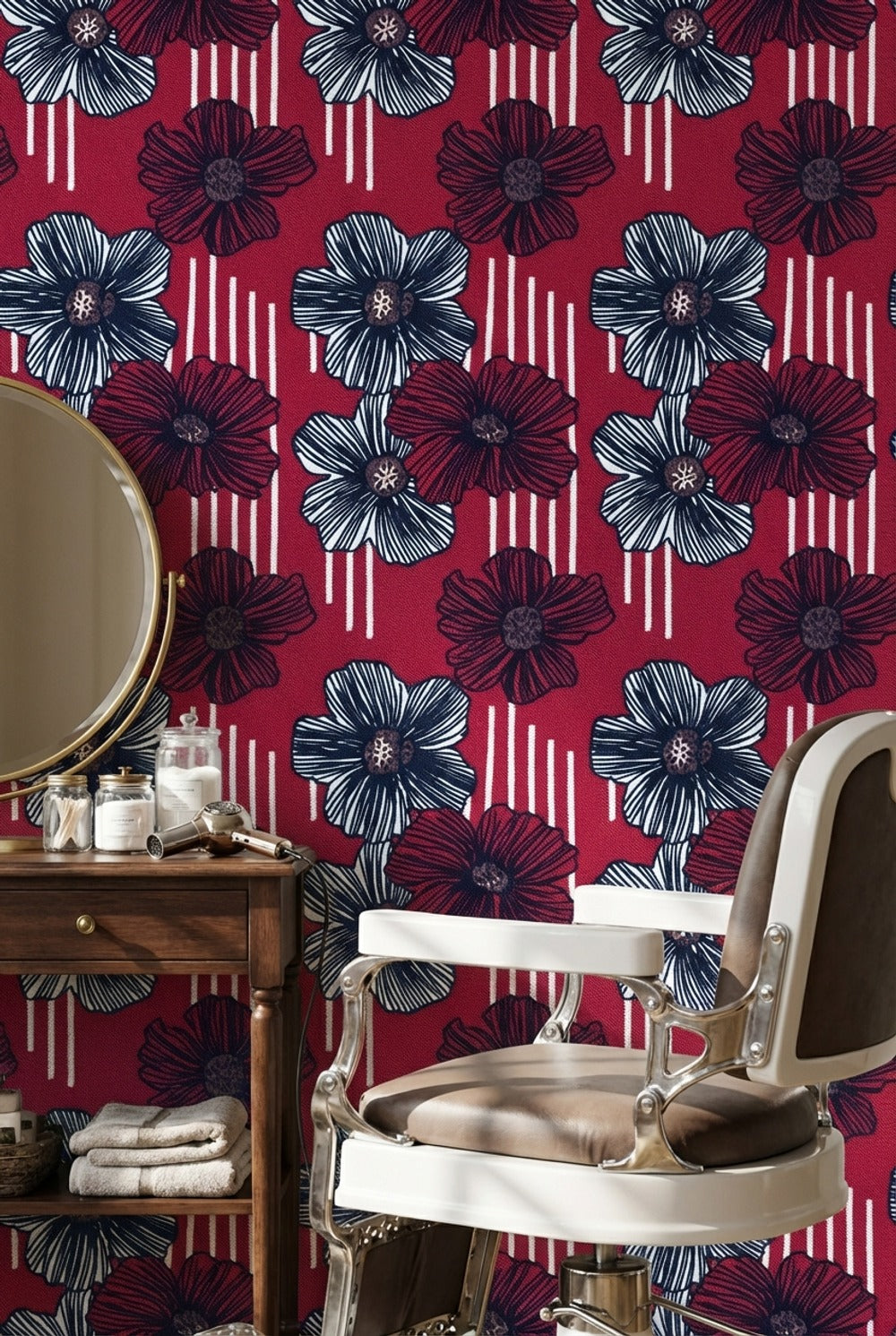 Büyük Çiçek Desenli Duvar Kağıdı Bordo Lacivert Salon