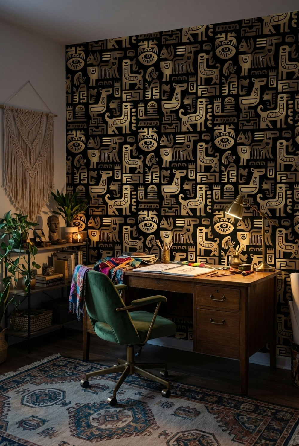 Soyut Tribal Desenli Duvar Kağıdı Siyah Bej Salon