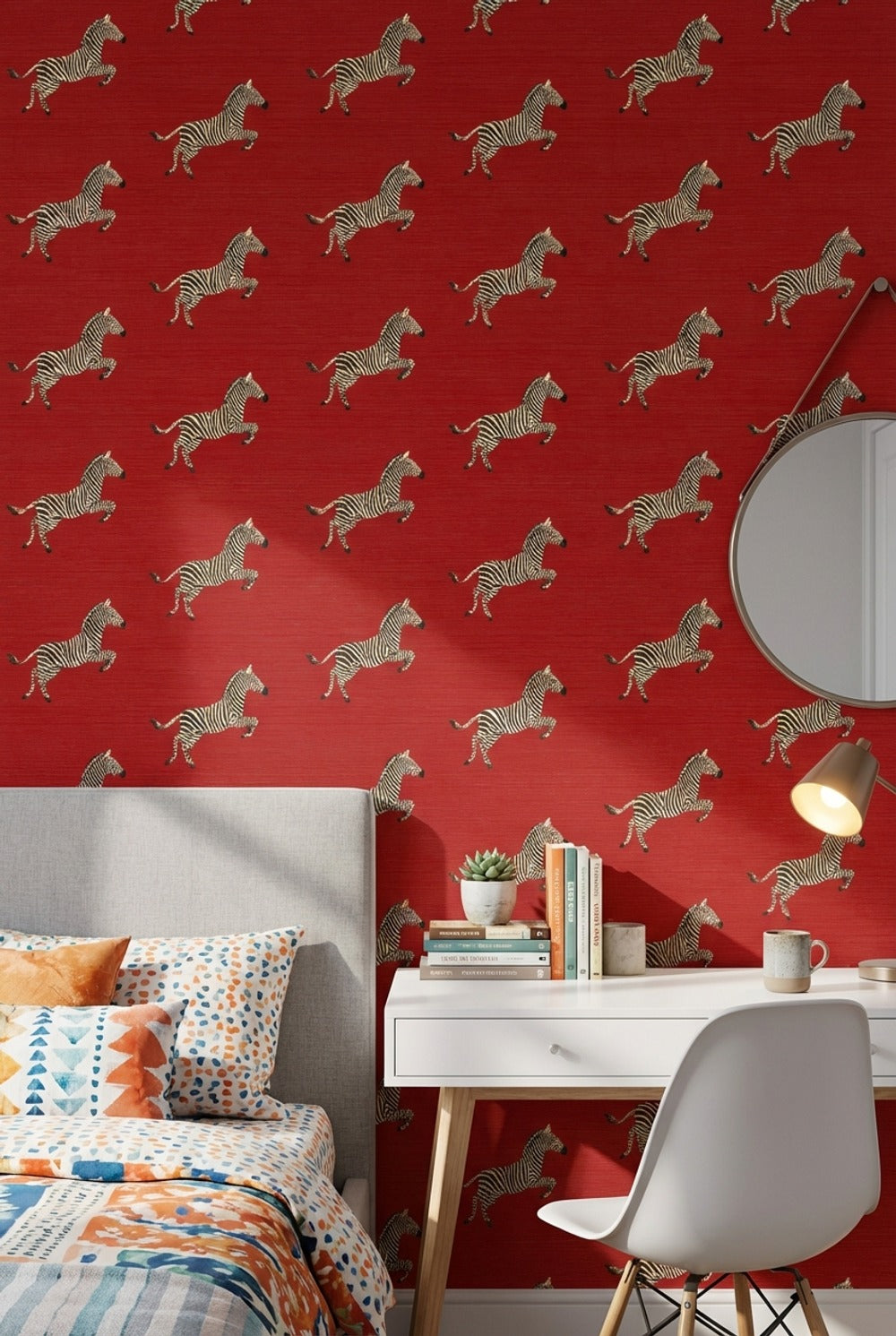 Zebra Desenli Duvar Kağıdı Kırmızı Fon Çocuk Odası