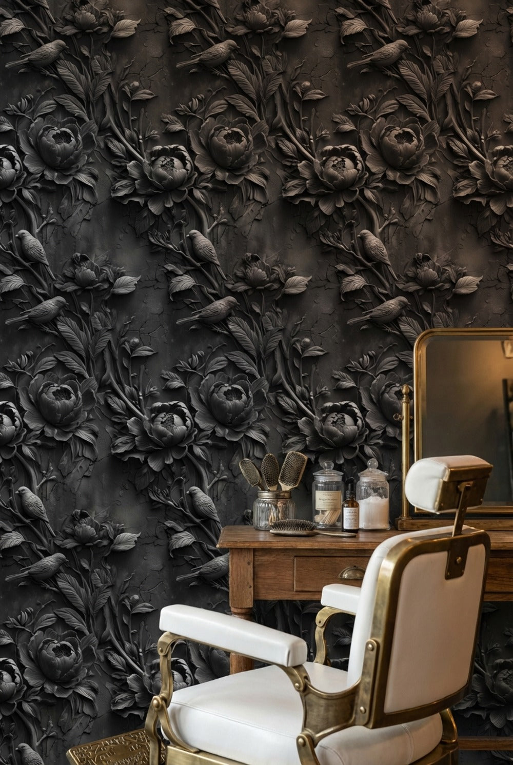Koyu Çiçek ve Kuş Desenli Duvar Kağıdı Salon