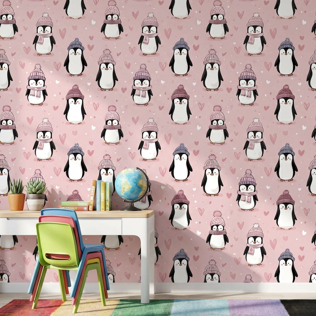 Kalpli Penguenli Duvar Kağıdı Pudra Pembe Çocuk Odası