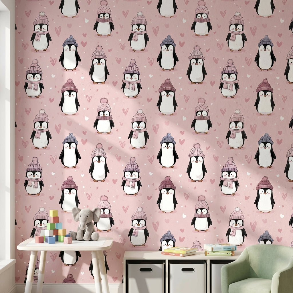 Kalpli Penguenli Duvar Kağıdı Pudra Pembe Çocuk Odası