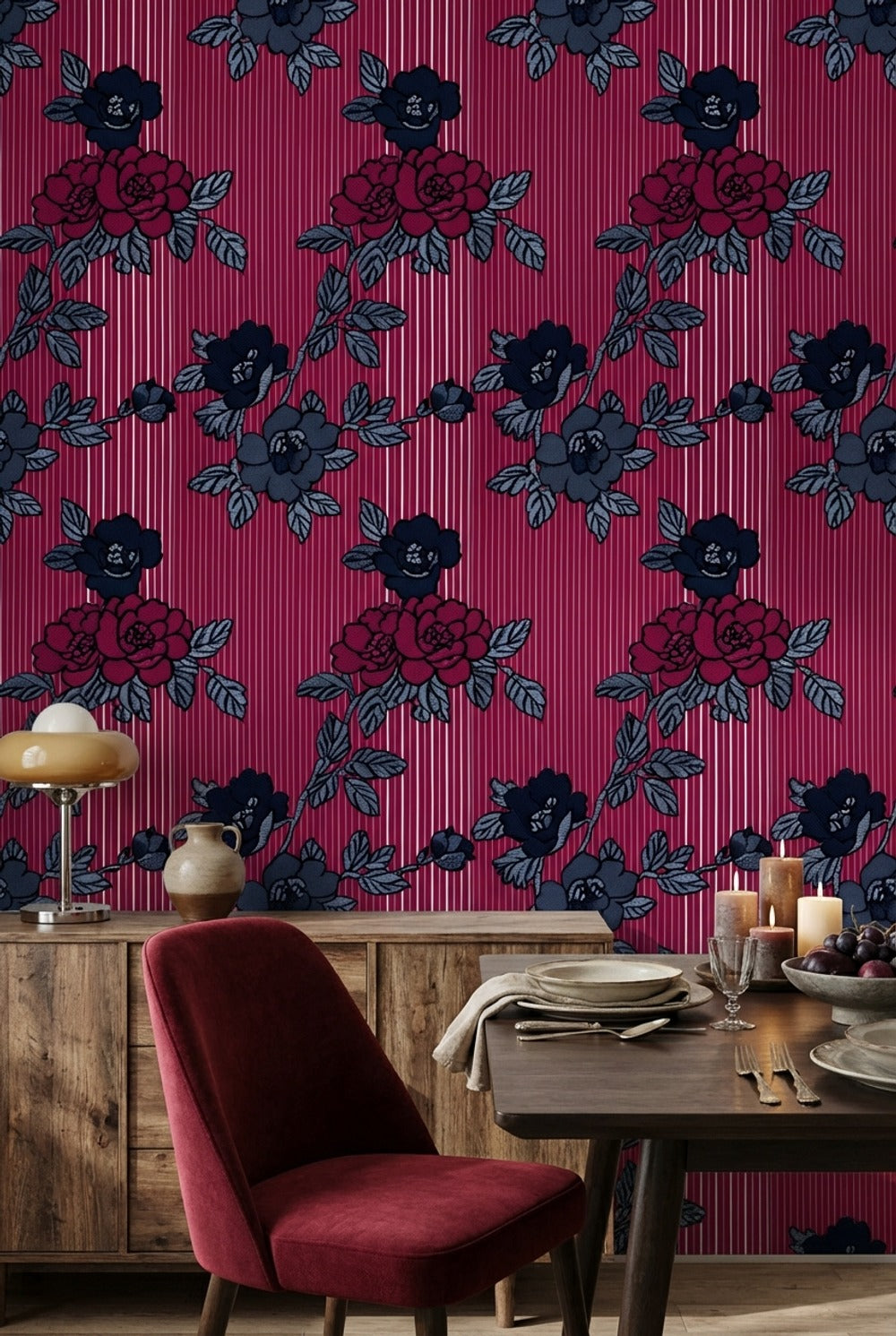 Bordo Gül Desenli Duvar Kağıdı Klasik Salon Dekoru