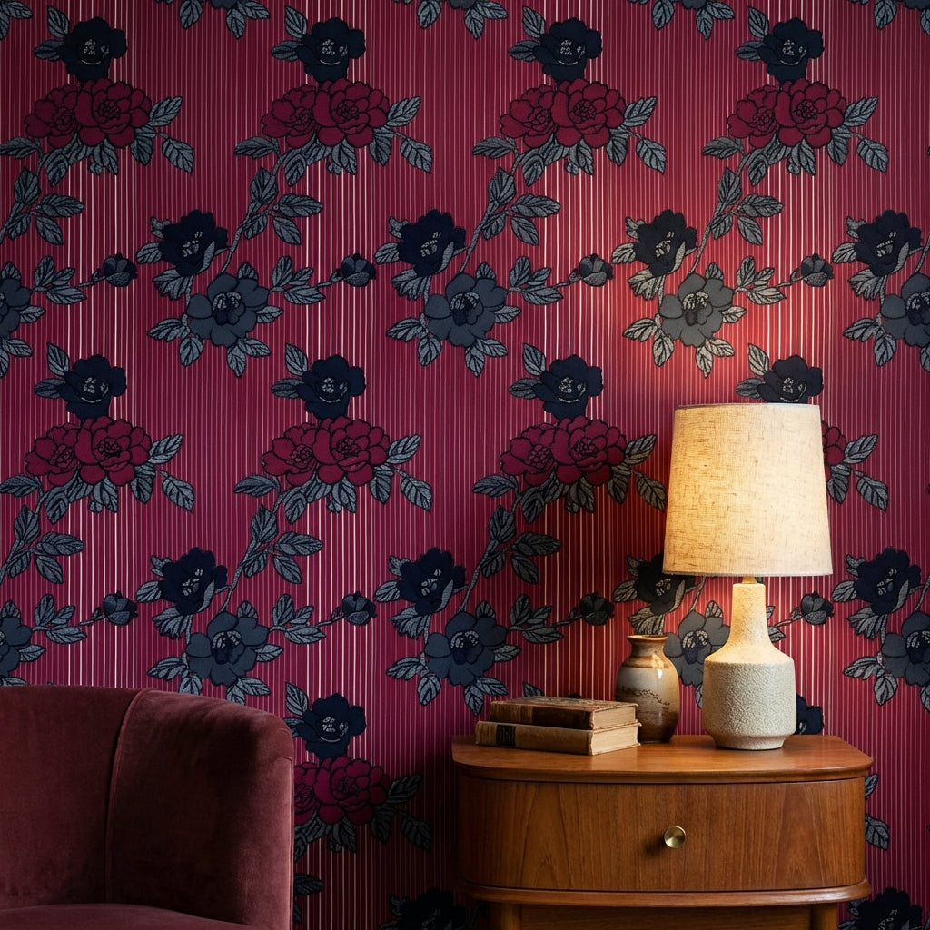 Bordo Gül Desenli Duvar Kağıdı Klasik Salon Dekoru