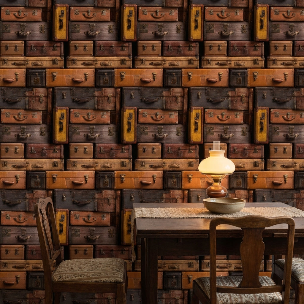 Vintage Bavul Desenli Duvar Kağıdı Kahverengi Retro Salon