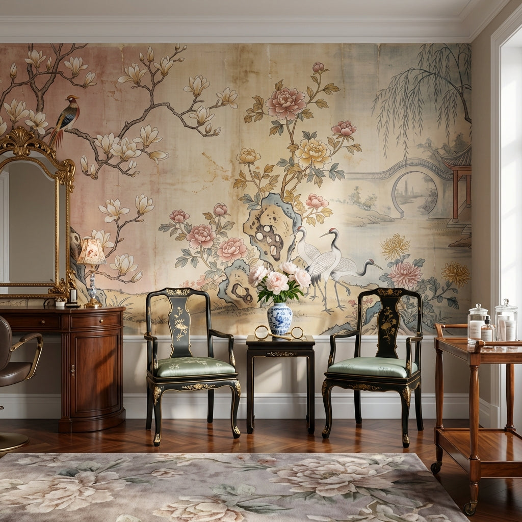 Çiçekli Kuşlu Poster Duvar Kağıdı Bej Vintage Salon Duvarı