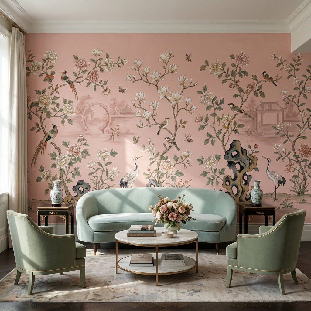 Çin Bahçesi Çiçekli Poster Duvar Kağıdı Pudra Pembe Salon