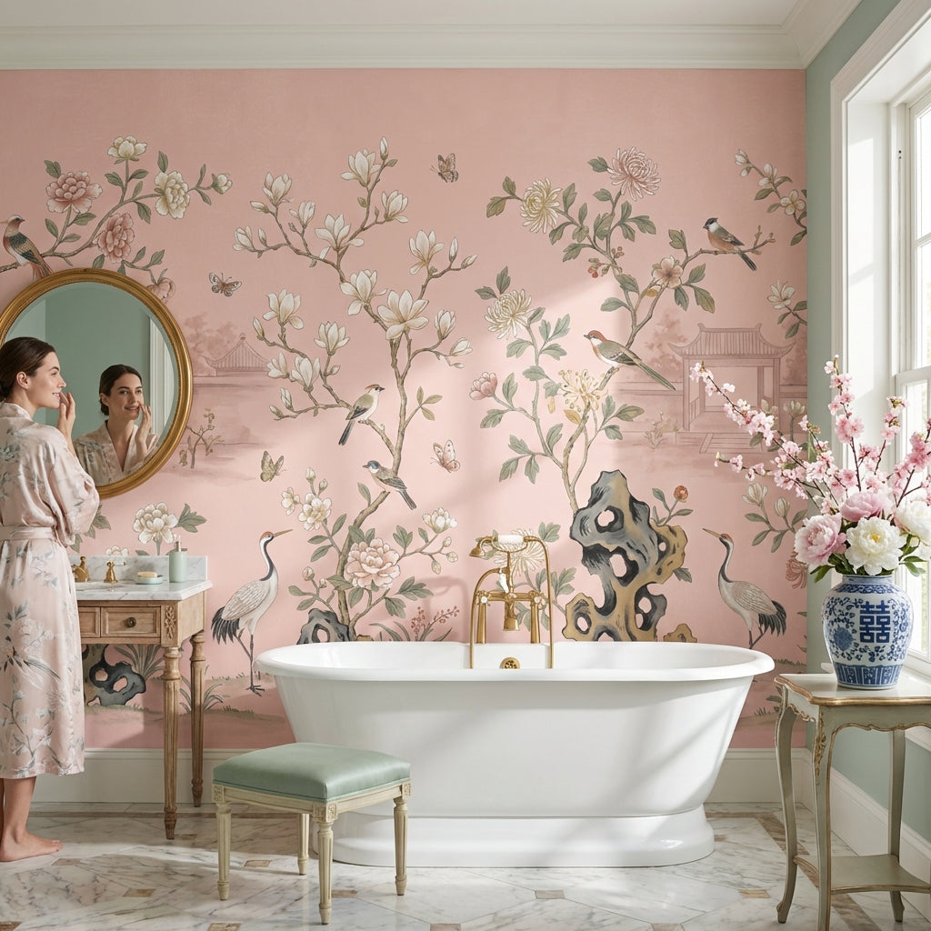 Çin Bahçesi Çiçekli Poster Duvar Kağıdı Pudra Pembe Salon