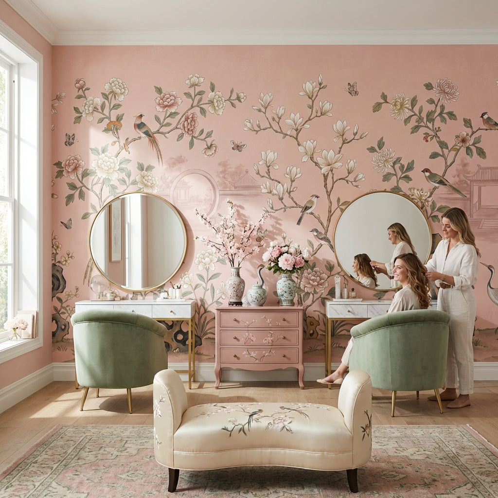 Çin Bahçesi Çiçekli Poster Duvar Kağıdı Pudra Pembe Salon