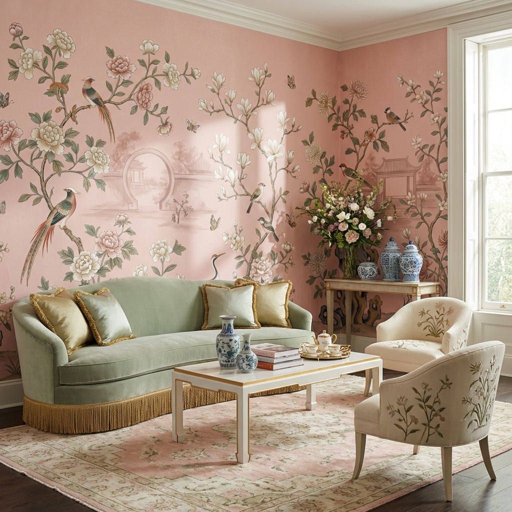Çin Bahçesi Çiçekli Poster Duvar Kağıdı Pudra Pembe Salon