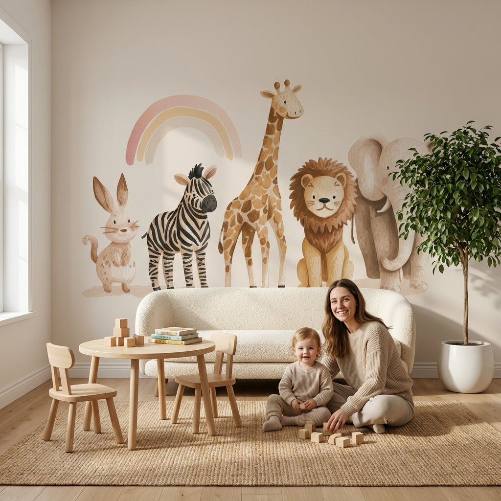 Safari Hayvanlı Poster Duvar Kağıdı Pastel Çocuk Odası Desenli