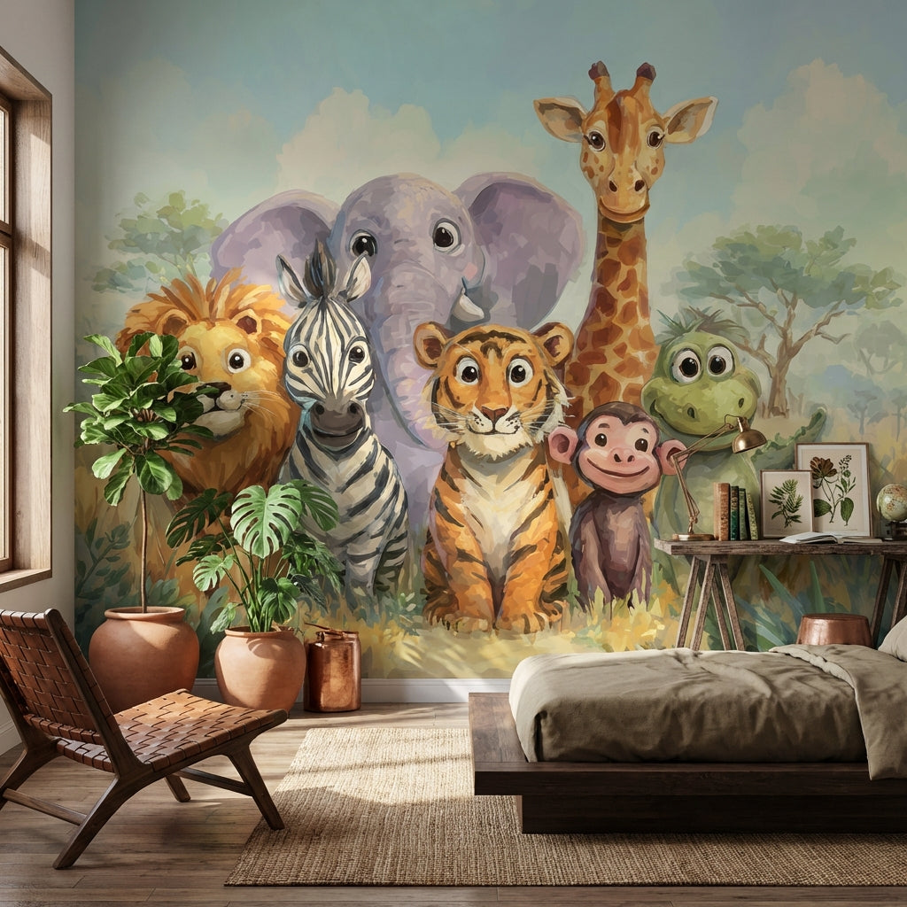 Safari Hayvanlı Poster Duvar Kağıdı Çocuk Odası Renkli İllüstrasyon