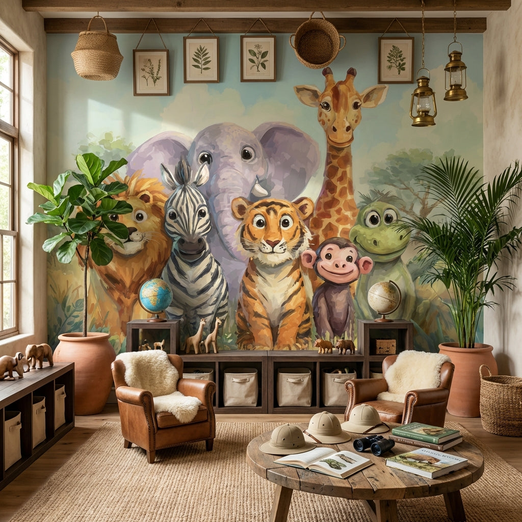 Safari Hayvanlı Poster Duvar Kağıdı Çocuk Odası Renkli İllüstrasyon