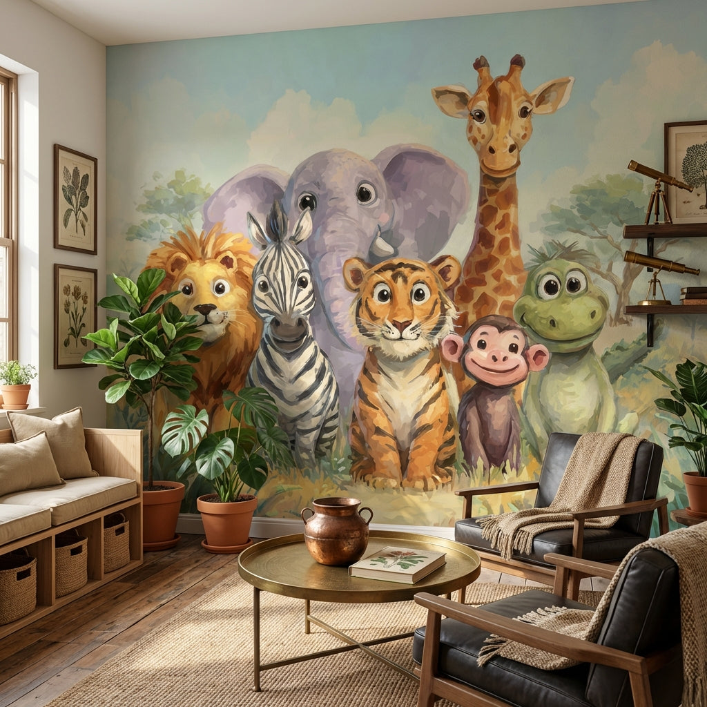 Safari Hayvanlı Poster Duvar Kağıdı Çocuk Odası Renkli İllüstrasyon