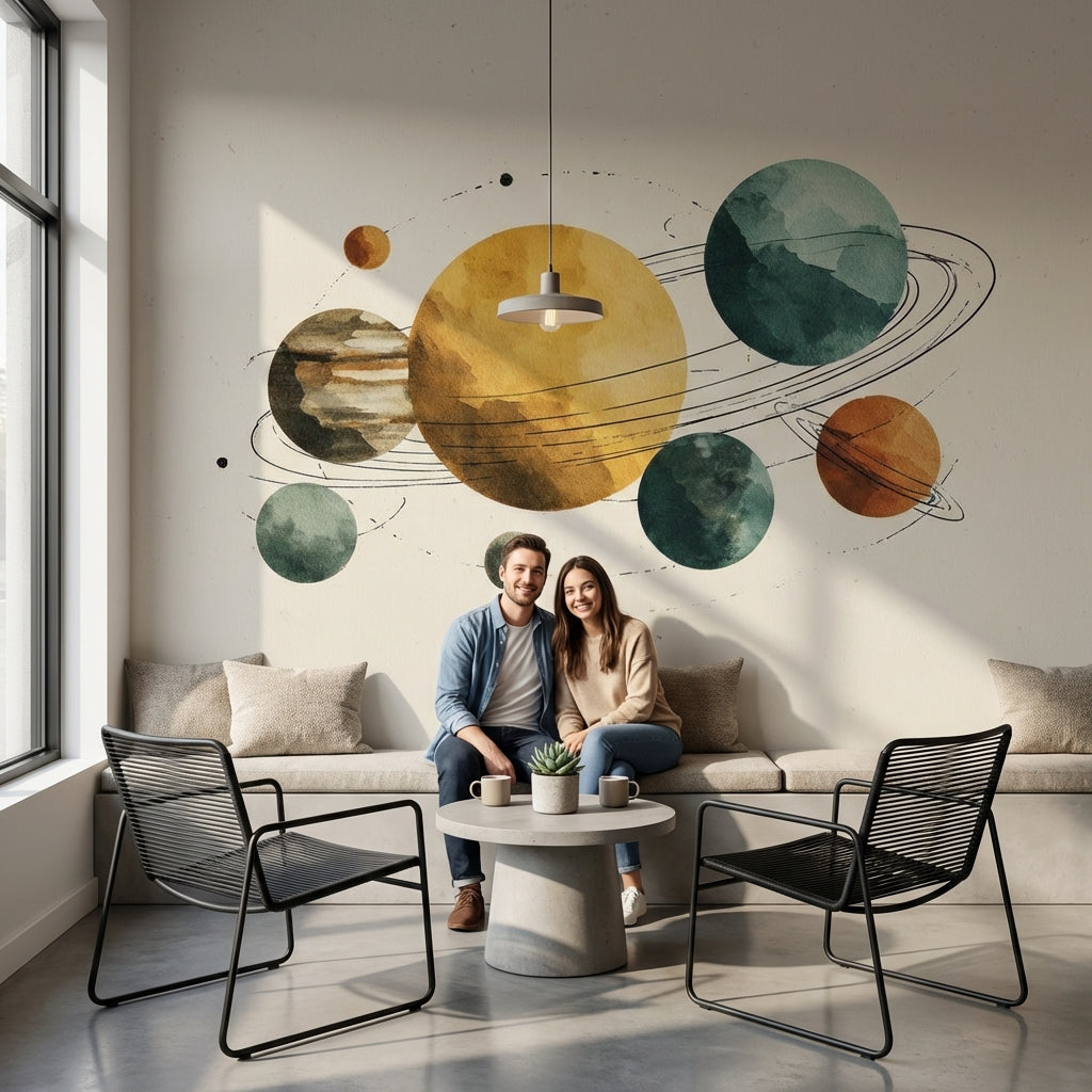 Gezegen Desenli Poster Duvar Kağıdı Suluboya Uzay Teması Salon