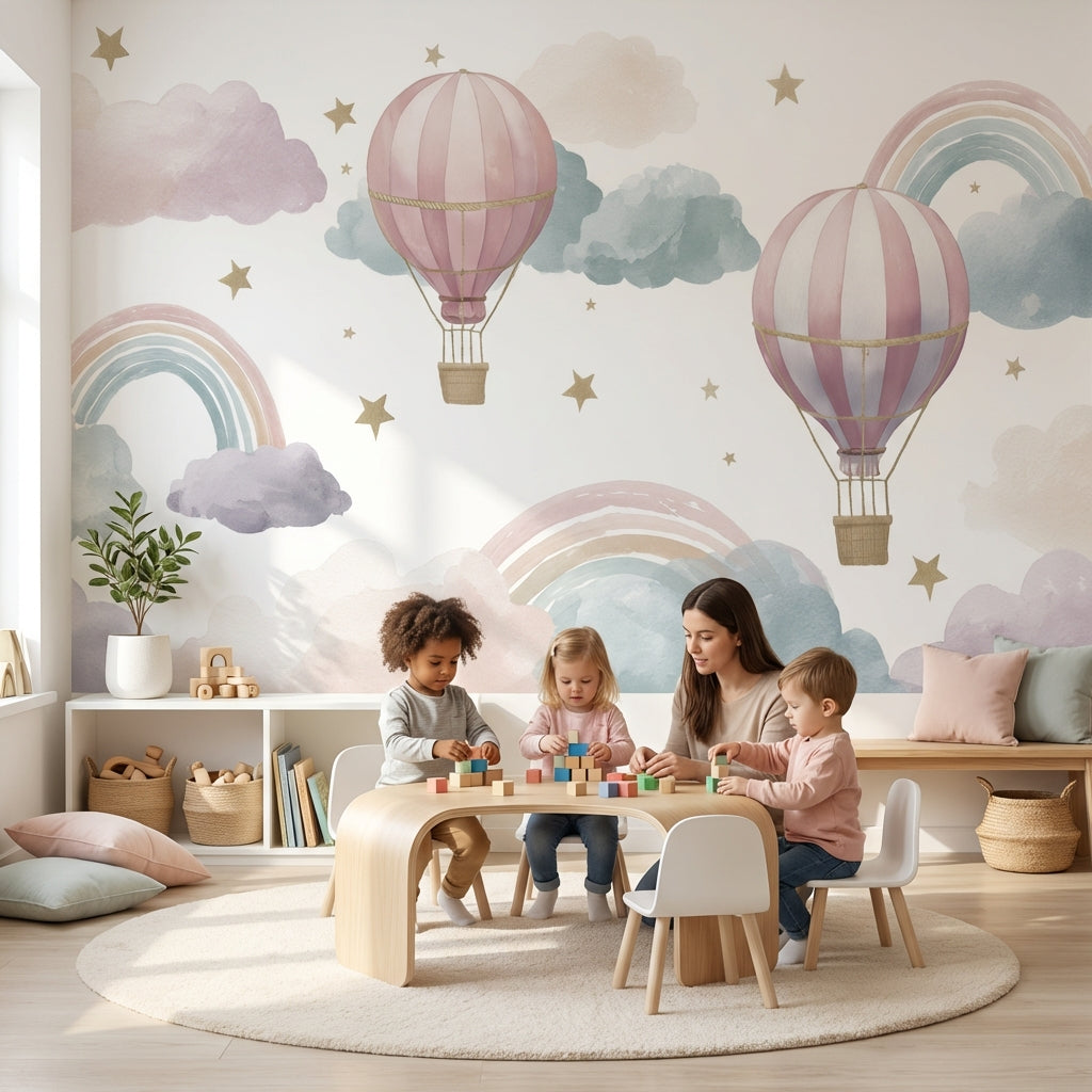Pastel Sıcak Hava Balonlu Poster Duvar Kağıdı Çocuk Odası Deseni