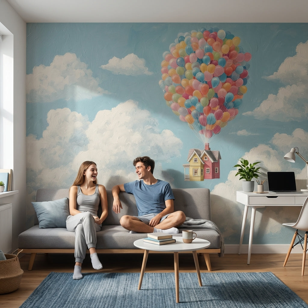 Balonlu Ev ve Bulutlar Poster Duvar Kağıdı Çocuk Odası