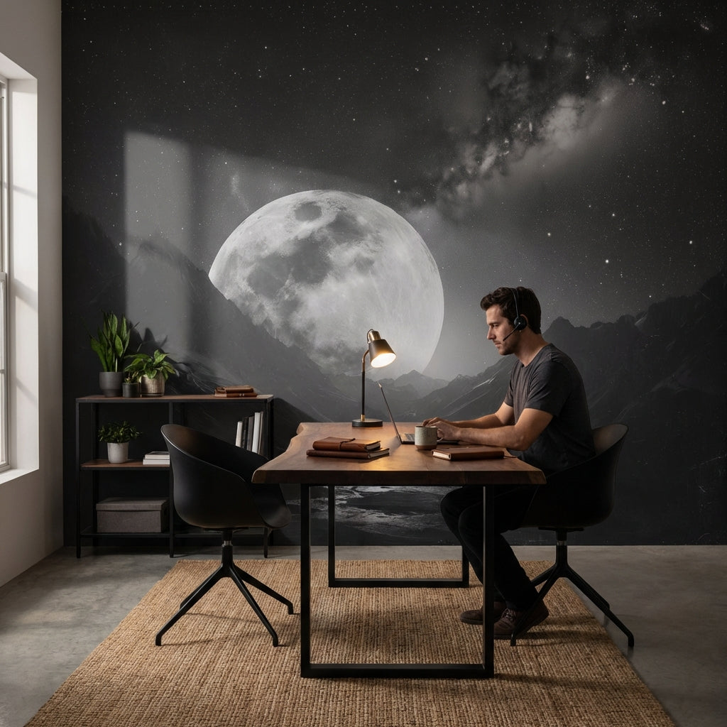 Ay ve Yıldızlı Uzay Poster Duvar Kağıdı Siyah Gri Salon