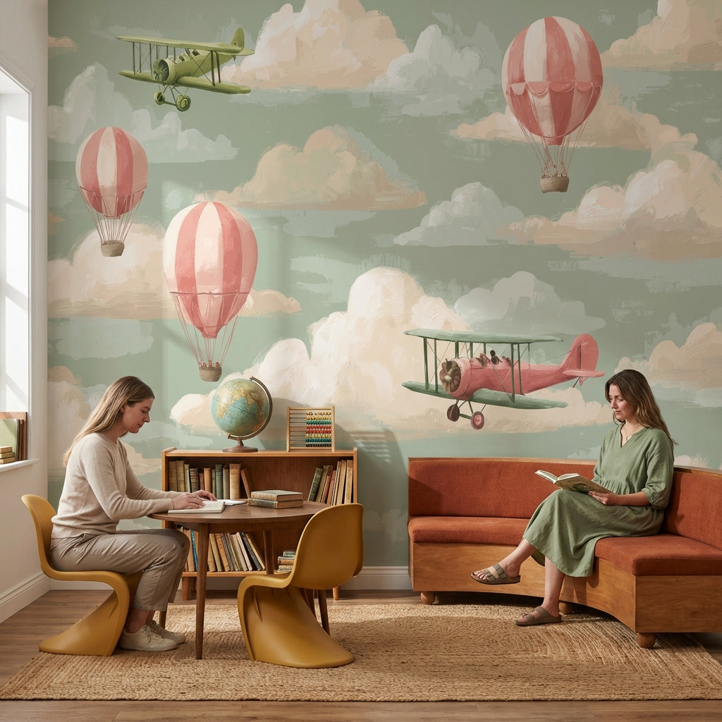 Sıcak Hava Balonlu Poster Duvar Kağıdı Pastel Yeşil Çocuk Odası